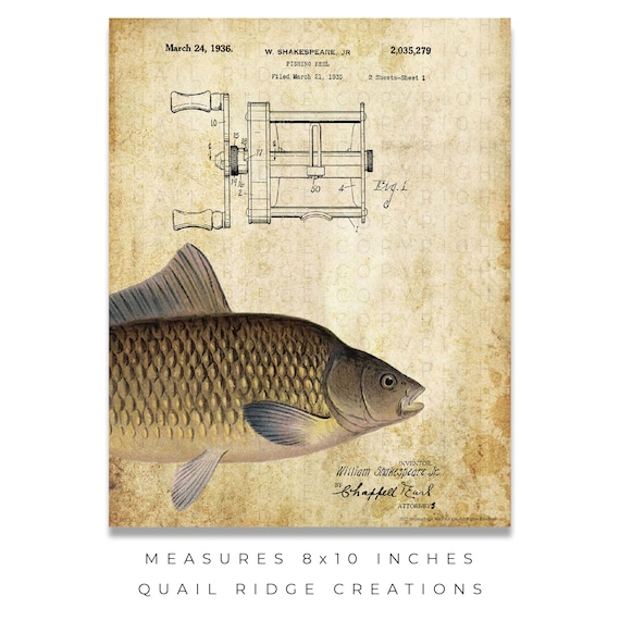 Vintage Fishing Lures Patent Art Print 8x10 Unframed Common Carpfishing Hunting  Cabin Wall Decor 