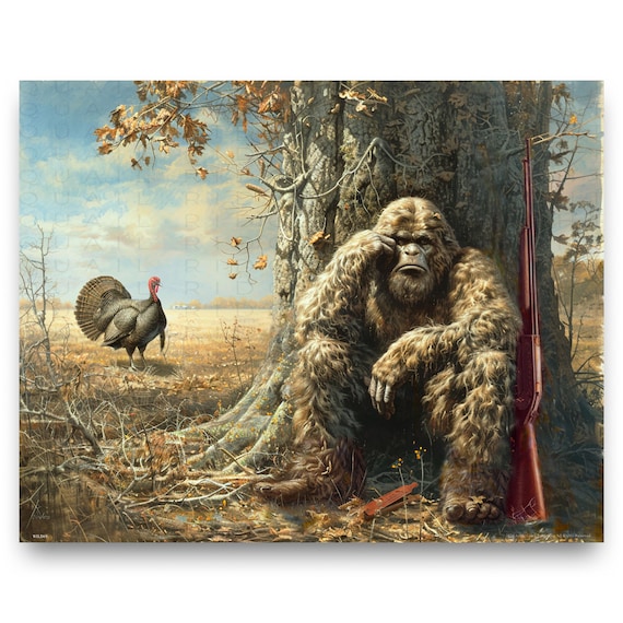 Sasquatch Bigfoot Art Print: Turkey Hunting, Vintage Cabin Decor