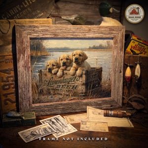 Impresión artística de cachorros de labrador amarillo de Brew Crew, 11 x 14, obra de arte de cabaña de caza de patos, letrero vintage de caja de cerveza de madera Leinkugels, decoración de pared, regalo para bebedores