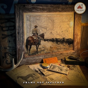 May include: A vintage map print of the state of Minnesota, featuring a cowboy riding a horse in the foreground. The map is framed in a rustic wooden frame. The print is titled "Quail Ridge Creations".