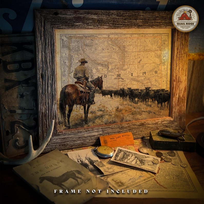 May include: A vintage map print of the state of Minnesota, featuring a cowboy riding a horse in the foreground. The map is framed in a rustic wooden frame. The print is titled "Quail Ridge Creations".