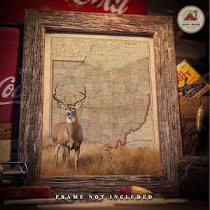 May include: A framed print featuring a vintage map of Ohio with a detailed illustration of a deer in a field. The frame is made of rustic, weathered wood. The text "FRAME NOT INCLUDED" is at the bottom.