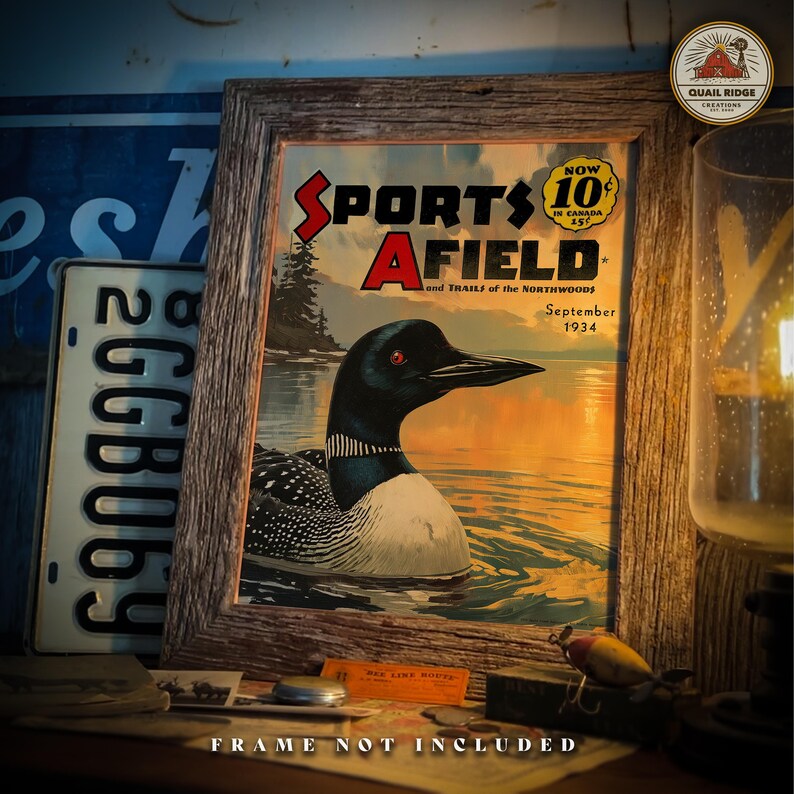 May include: A vintage framed print of a magazine cover for "Sports Afield" magazine, featuring a loon swimming in a lake. The cover is dated September 1934 and has a price of 10 cents. The frame is not included.