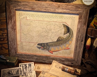 Vintage Pennsylvania State Map Art Print 11X14 Unframed Wildlife Brook Trout Fly Fishing Lures Hunting Cabin Rustic Wall Decor Gift