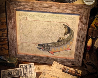 Vintage Pennsylvania Map Art Print: Brook Trout, Fly Fishing (11x14 Unframed)