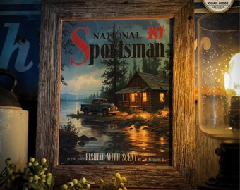 Vintage National Sportsman Magazine Cover Art Print: Cabin Lake House Decor
