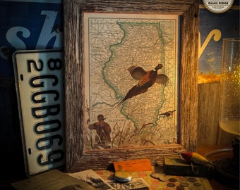 Vintage Illinois Map Art Print: Pheasant Hunting Decor (11x14 Unframed)