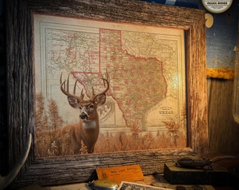Vintage Texas Map Art Print: Whitetail Deer Cabin Decor (11x14 Unframed)