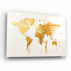 Gold White World Map Table on Tempered Glass Print | Art | Wall Decoration | Gift | Home | Colorful | World | Map | Code: GLS0824