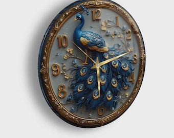 May include: A round wall clock featuring a peacock design. The clock has a blue and gold color scheme, with a detailed peacock illustration on the face. The clock hands and numerals are gold.