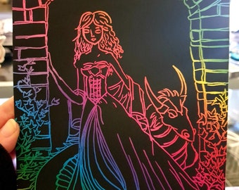 Princess and Dragon rainbow scratch art drawing