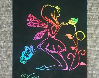 Angel with rose scratch art drawing