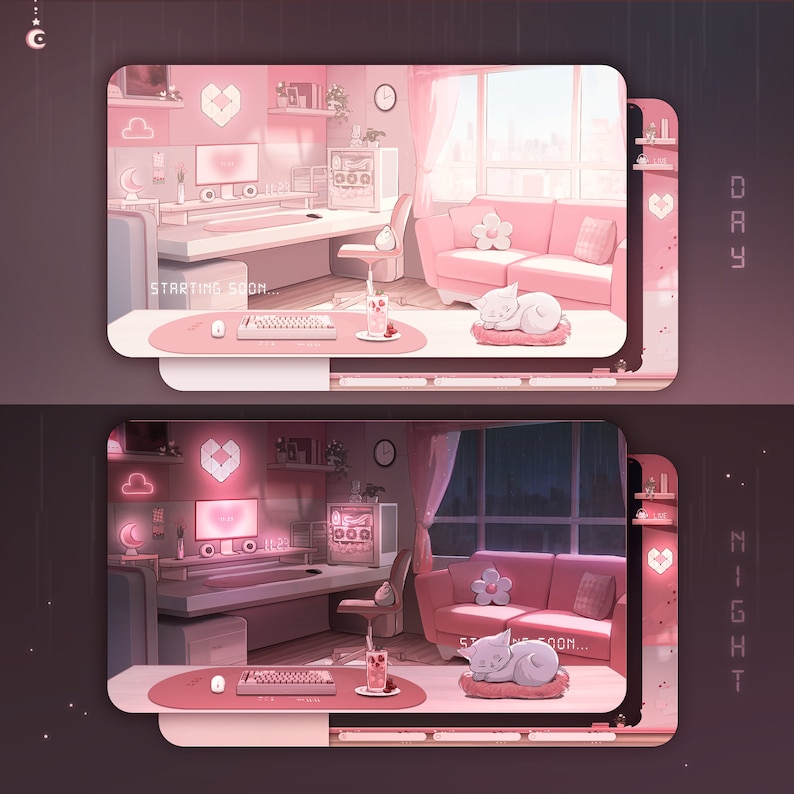 Pink Room Day & Night Mode Animated Stream Overlay Pack image 2