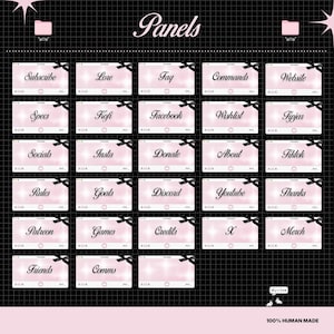 Op de afbeelding: Roze en zwarte digitale panelen met diverse tekstlabels, waaronder "Subscribe", "Lore" en "Website". Elk paneel heeft een zwarte strik. De achtergrond is een rasterpatroon met de tekst "Panels".