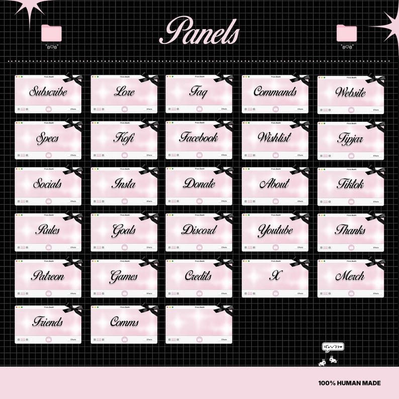 Op de afbeelding: Roze en zwarte digitale panelen met diverse tekstlabels, waaronder "Subscribe", "Lore" en "Website". Elk paneel heeft een zwarte strik. De achtergrond is een rasterpatroon met de tekst "Panels".