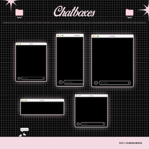 Op de afbeelding: Een grafisch ontwerp met meerdere chatbox-mockups met zwarte schermen en witte randen, tegen een rasterachtergrond. Het woord "Chatboxes" is geschreven in een cursief lettertype. De zin "100% HUMAN MADE" staat onderaan.