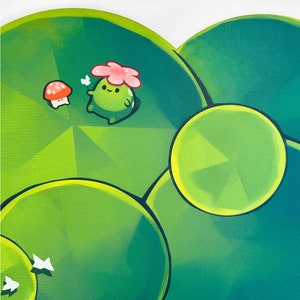 May include: A green and white illustration of a cartoon character with a pink flower on its head. The character is standing on a green leaf with a white mushroom in the background.