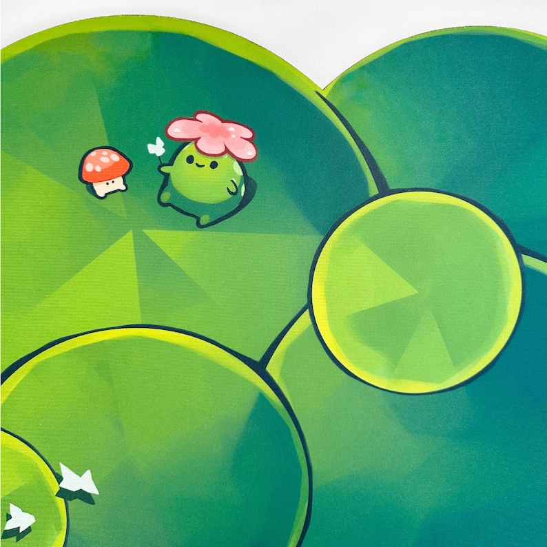 May include: A green and white illustration of a cartoon character with a pink flower on its head. The character is standing on a green leaf with a white mushroom in the background.