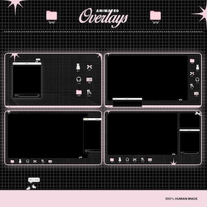 Op de afbeelding: Afbeelding van geanimeerde overlays met een zwart-roze kleurenschema. Het ontwerp bevat meerdere gesimuleerde computerschermen met pictogrammen en tekst. De tekst "Animated Overlays" staat bovenaan en "100% Human Made" onderaan.