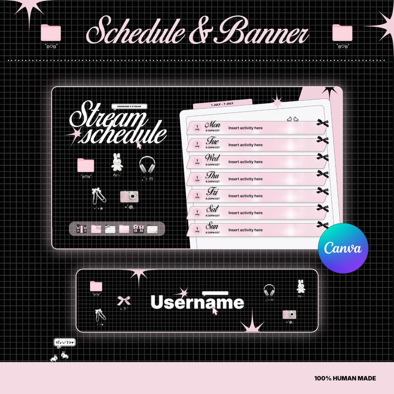 Op de afbeelding: Een digitaal grafisch ontwerp met de tekst "Schedule & Banner" en "Stream schedule". Het ontwerp heeft een roze en zwart kleurenschema met pictogrammen, een wekelijks schema en het woord "Username". Het Canva-logo is zichtbaar.