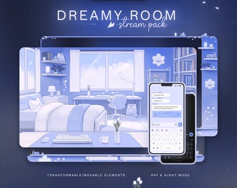 Blue Dreamy Room | Day & Night Mode | Animated Stream Overlay Pack