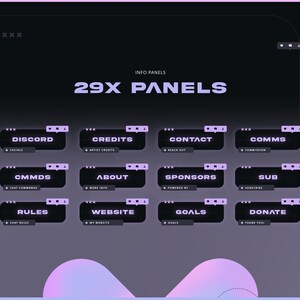 Puede incluir: Un gr&aacute;fico digital con un fondo degradado de color p&uacute;rpura oscuro y rosa. La imagen presenta 12 paneles rectangulares con texto como "Discord", "Credits", "Contact" y "Comms". El texto "29X PANELS" se muestra de forma destacada en la parte superior.