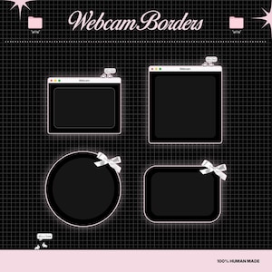 Op de afbeelding: Een zwart-roze grafisch ontwerp met vier webcamranden in verschillende vormen: rechthoekig, vierkant en cirkelvormig. Elke rand heeft een witte omtrek en een kleine witte strik. De tekst "Webcam Borders" staat bovenaan.