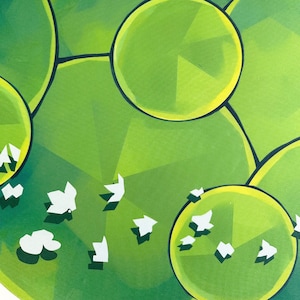 May include: Abstract green and white geometric pattern with overlapping circles. The circles have a light yellow outline. The background is a light green color with a geometric pattern.