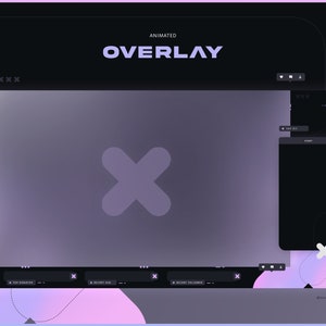 Puede incluir: Dise&ntilde;o de superposici&oacute;n animada en tonos morados y negros, con la palabra "OVERLAY" en la parte superior. El dise&ntilde;o incluye una gran forma de X, cuadros de chat e iconos de redes sociales. La est&eacute;tica general es moderna y digital.