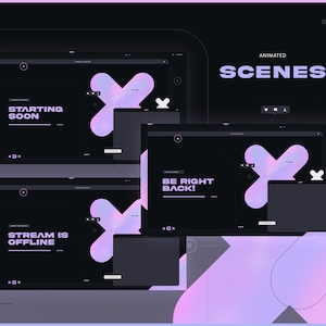 Puede incluir: Escenas animadas para streaming con un tema oscuro y un dise&ntilde;o X degradado. Las escenas incluyen texto como "Starting Soon", "Stream is Offline" y "Be Right Back!". El dise&ntilde;o presenta una est&eacute;tica moderna y minimalista.