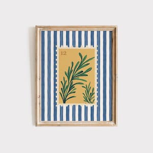Lámina de romero para pared de cocina, póster con sello de hierbas y rayas azules, decoración botánica imprimible, decoración moderna para apartamentos, arte de pared para cocina