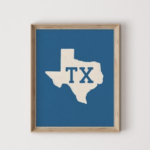 Texas State Wall Art Print, TX Map Silhouette Poster, Blue and White Texas Decor, Western Country Home Decor, Minimal Rustic Print