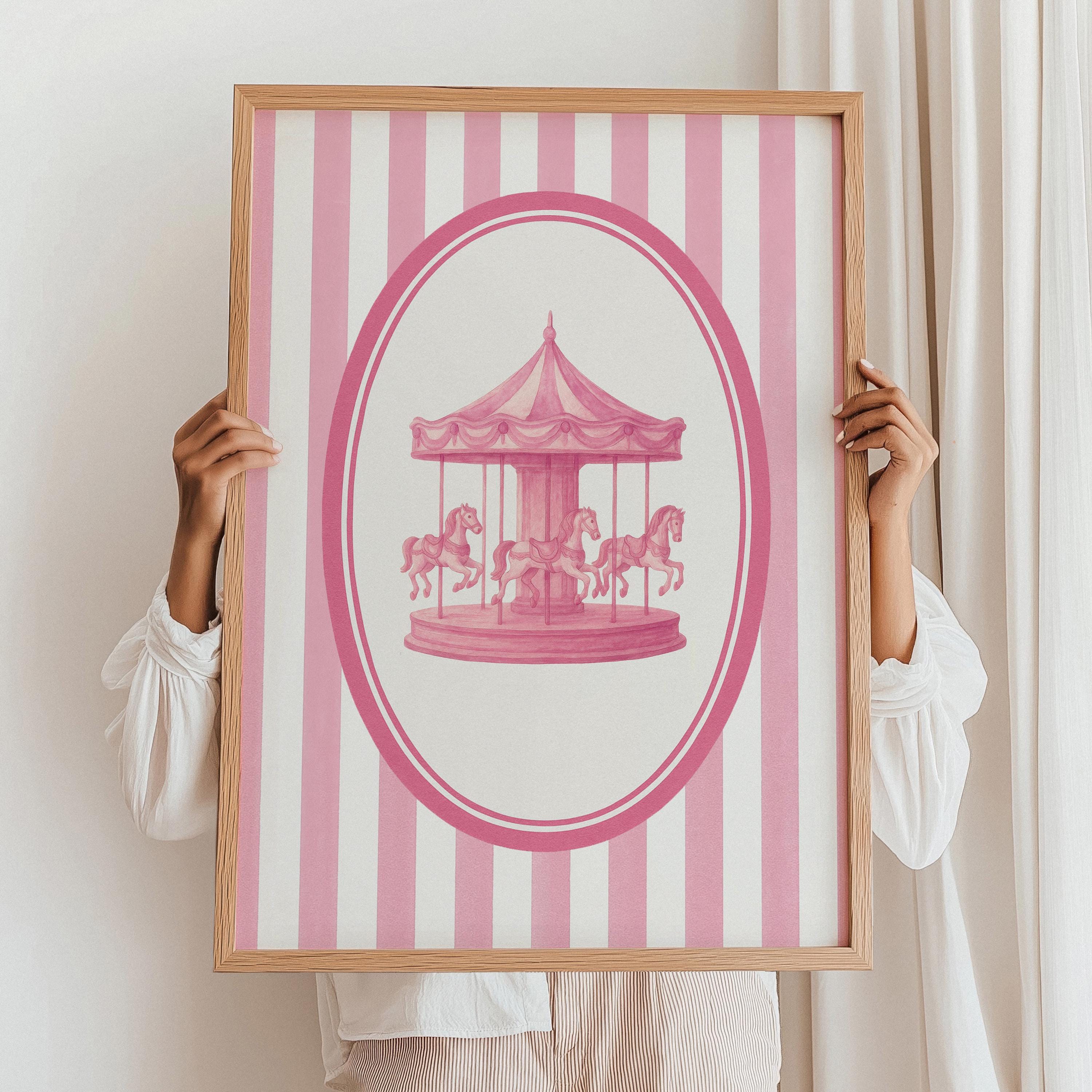 Pink Carousel Wall Art Print, Vintage Carnival Nursery Decor, Coquette ...