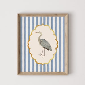 Heron Wall Art Print, Blue Striped Coastal Decor, Bird Art Digital Download, Nautical Printable Wall Art, Beach House Bathroom Art