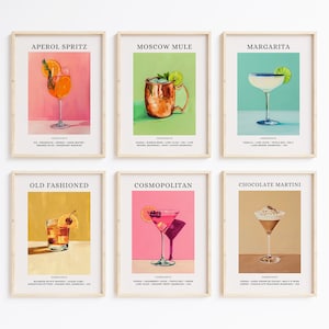 Bar Cart Decor Cocktail Posters, Trendy Apartment Wall Decor, Minimalist Wall Art, Retro Kitchen Wall Art, Set of Bar Drink Recipe Prints