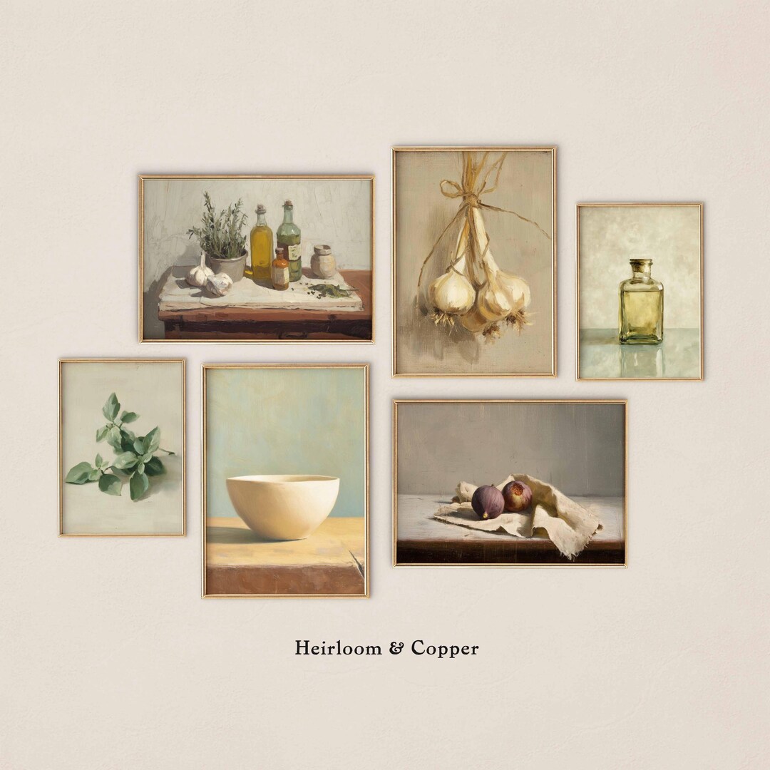 boho farmhouse kitchen decor paintings prints |... Farmhouse Kitchen Art Printable Set of 6, Rustic Still Life Painting ...