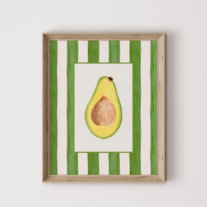 Avocado Wall Art Print, Green Striped Kitchen Decor, Cottagecore Fruit Illustration, Modern Farmhouse Printable Art