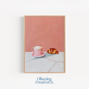 Coffee and Croissant Painting, Kitchen Wall Art, Coffee Bar Print, Pink Wall Art, Printable Wall Art, Trendy Apartment Decor, Girly Wall Art