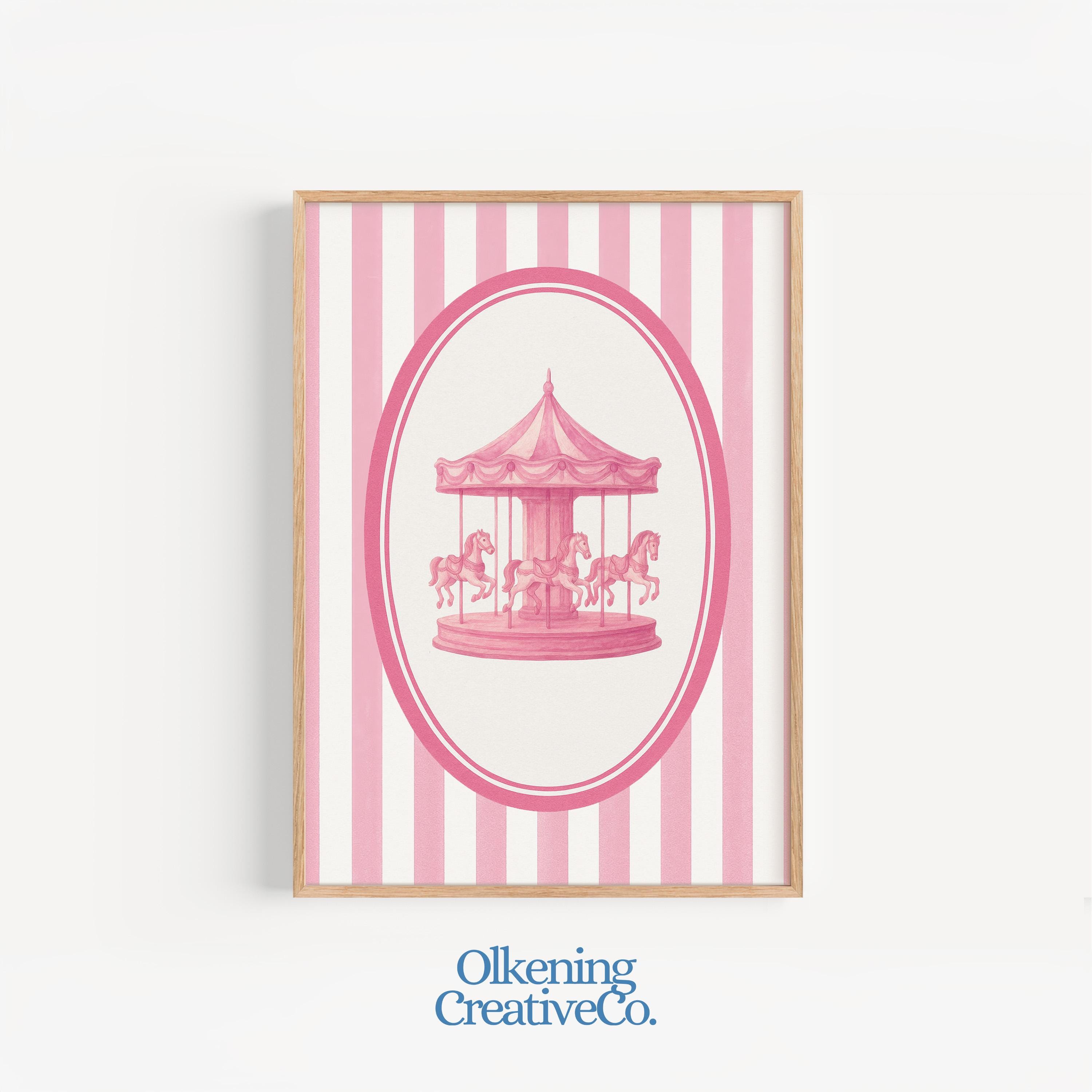 Pink Carousel Wall Art Print, Vintage Carnival Nursery Decor, Coquette ...