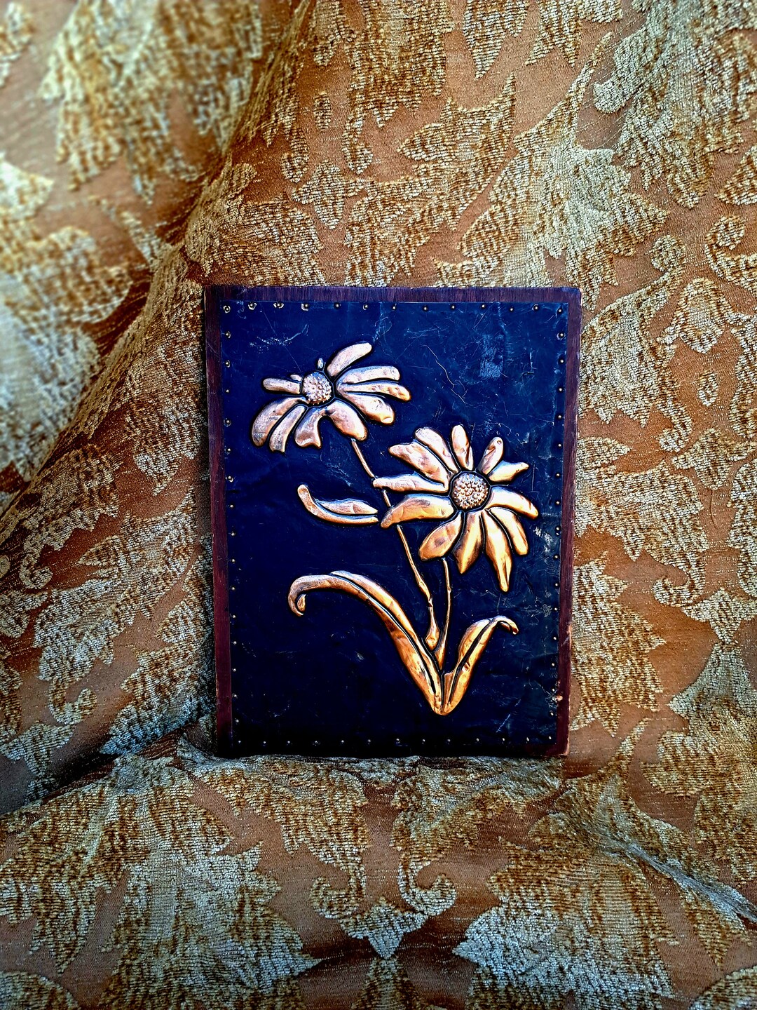 Vintage Embossed Copper Wall Plaque , Copper Flowers, Embossed Daisies