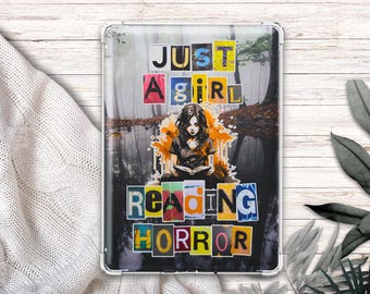 May include: A rectangular metal sign with the text "JUST A GIRL READING HORROR" in colorful block letters. The image features a girl reading a book in a forest setting, with an orange and black color scheme.