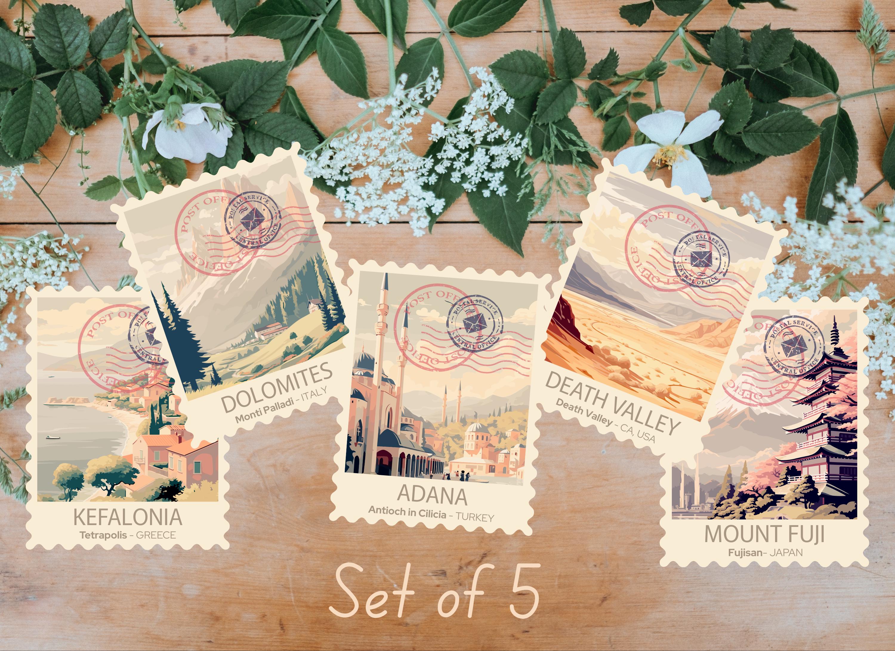 Set of 5 Vintage Travel Stamps Stickers | World Cities Stamps Set | World Landmark Postage Art