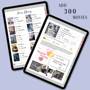 Może przedstawiać: Cyfrowy planer z trackerem biblioteki film&oacute;w. Planer zawiera r&oacute;żowe i złote serce z tekstem "Idealna historia miłosna" i cytat z filmu "The Notebook".