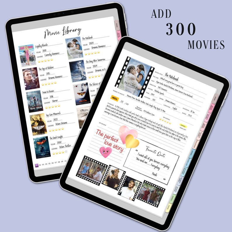 Może przedstawiać: Cyfrowy planer z trackerem biblioteki film&oacute;w. Planer zawiera r&oacute;żowe i złote serce z tekstem "Idealna historia miłosna" i cytat z filmu "The Notebook".
