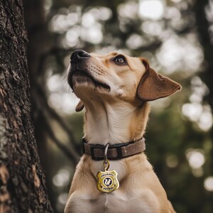 Op de afbeelding: Een lichtbruine hond met een zwarte halsband en een gouden tag met de tekst "Squirrel Patrol" kijkt omhoog naar iets buiten beeld.