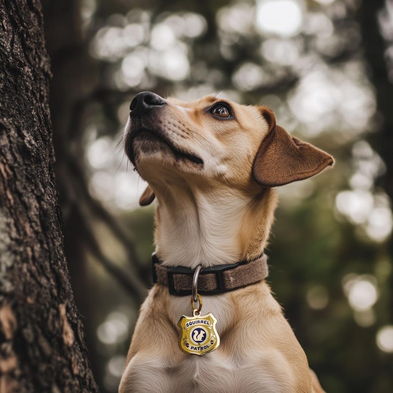 Op de afbeelding: Een lichtbruine hond met een zwarte halsband en een gouden tag met de tekst "Squirrel Patrol" kijkt omhoog naar iets buiten beeld.