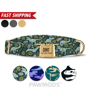 Dinosaur Dog Collar, Personalized Dog Collar With Name, Dino Custom Dog Collar, Cute Soft & Adjustable, Free Engraving, Quick Release Buckle