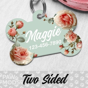 Roses Dog Tag, French Floral Dog Tag Personalized, Pink Flower Pet Tag, Custom Dog Tag, Dog ID Tag, Pet ID Tag, Double Sided Dog Tag, Gift