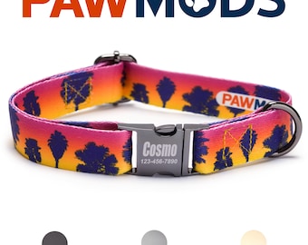 Palm Tree Dog Collar Personalized California Sunset Dog Collar Hawaiian Tropical Puppy Gift with Laser Engraved Metal Quick Release Buckle