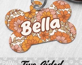 Retro Boho Flowers Dog Tags for Dogs Personalized, Boho Floral Dog Tag, Orange Boho Pet Tag, Flower Custom Dog Tag, Dog ID Tag, Dog Gift